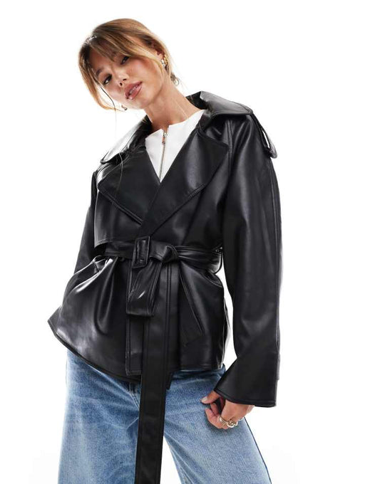 Leather look trench coat in black