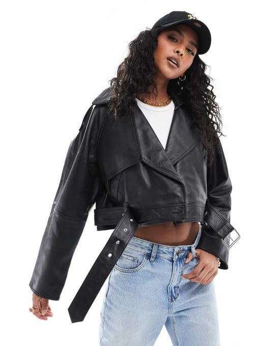 Leather oversized cropped trench coat in black