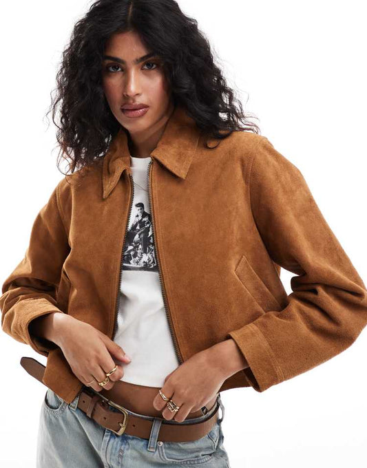 Suede top collar jacket in tan