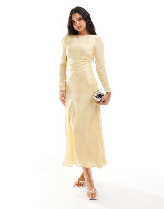 Long sleeve high neck check satin midi dress in pastel yellow