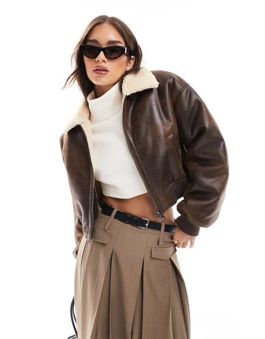 Cropped flight jacket in brown