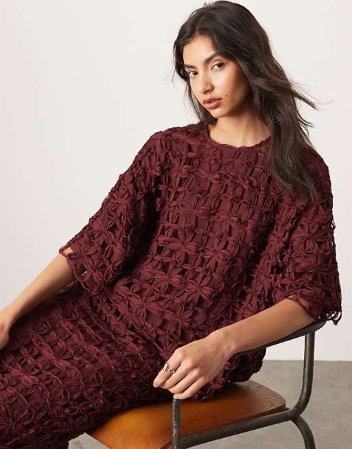 Floral cutwork oversized tshirt co-ord in oxblood red