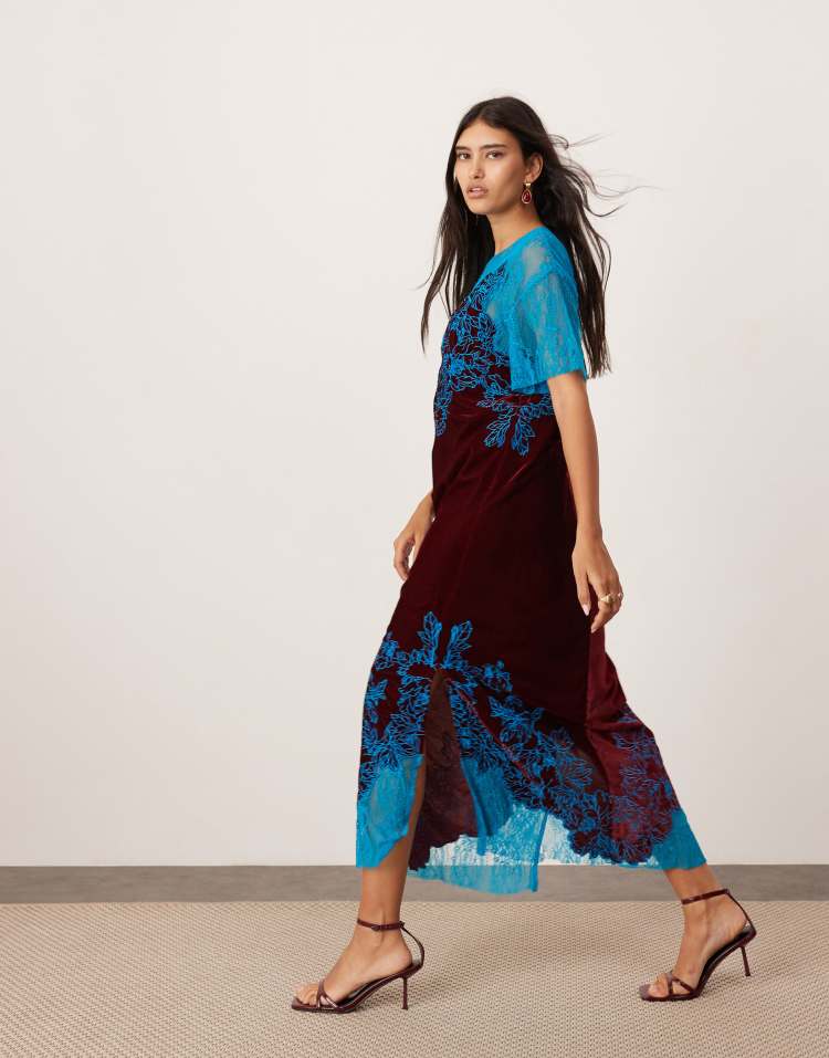 Velvet lace applique embroidered column midi dress