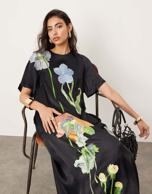 Satin floral embroidered t-shirt maxi dress