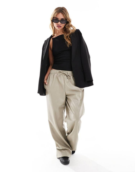 Faux leather wide leg pull on trousers in stone