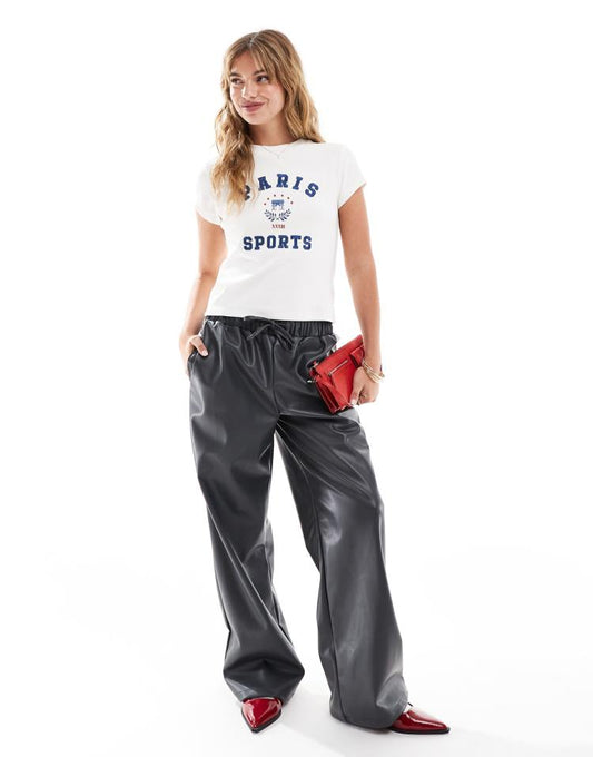 Faux leather wide leg pull on trousers in charcoal