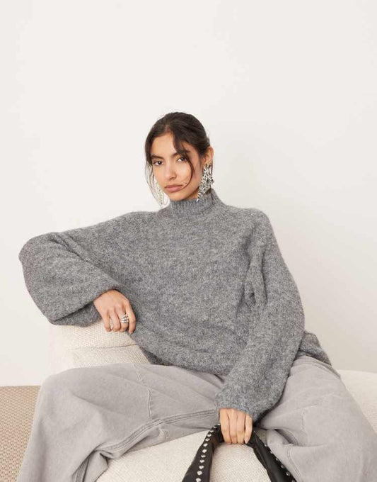 Knitted oversized high neck jumper in grey marl