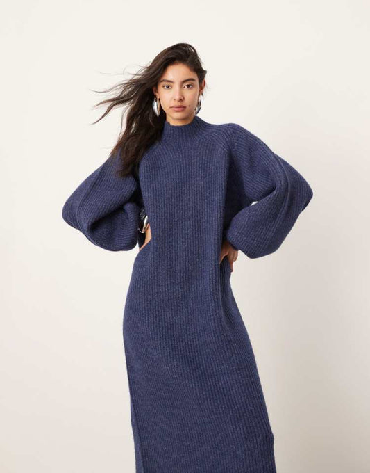 Chunky high neck knitted maxi dress in navy