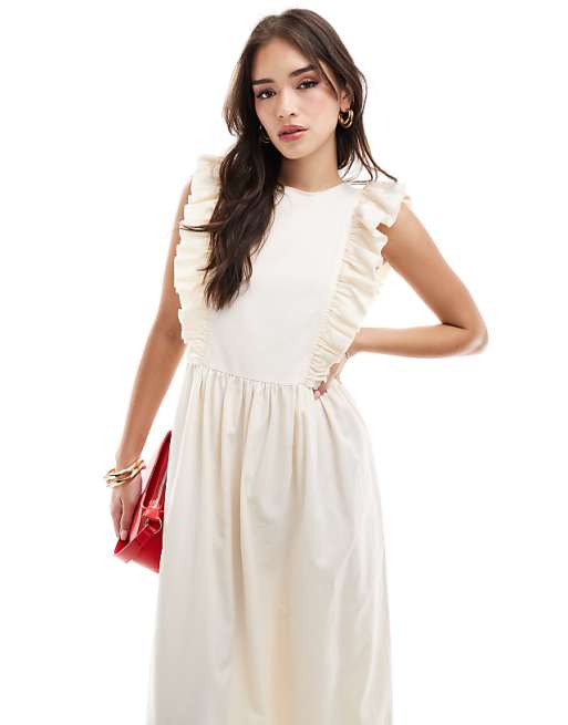 High neck twill midi dress with frill shoulder detail in buttermilk