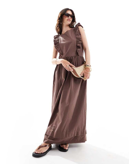 High neck twill midi dress with frill shoulder detail in chocolate