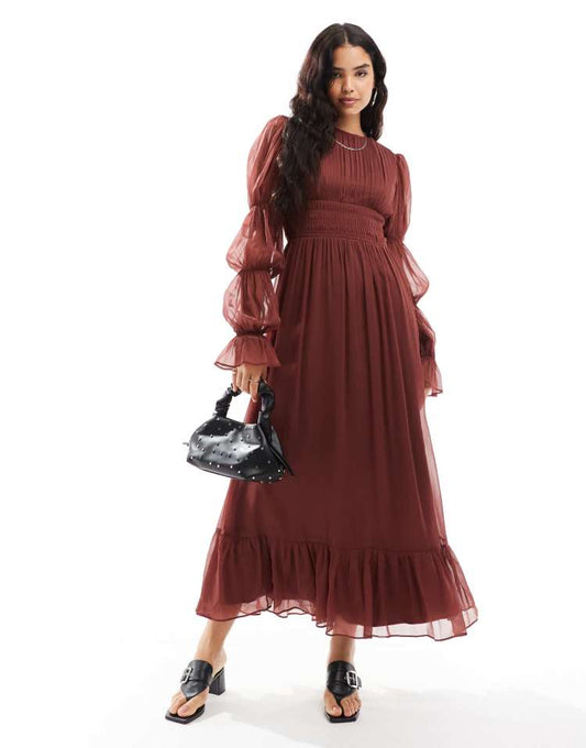 Shirred waist blouson tier sleeve maxi dress in burgundy