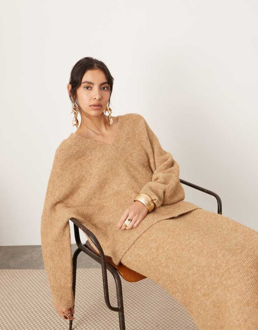 Knitted v neck oversized jumper co-ord in biscuit