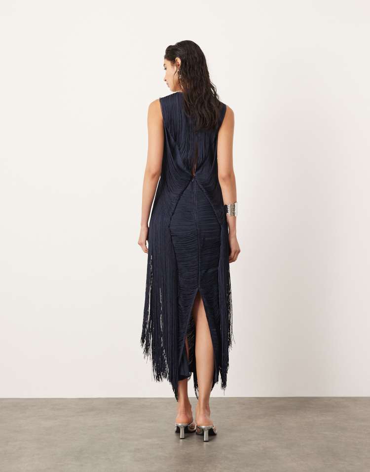 Fringe chevron detail maxi dress in dark blue