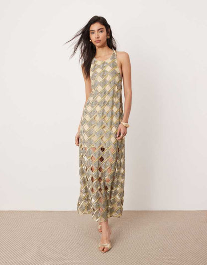 Embellished cutwork halterneck maxi dress in gold