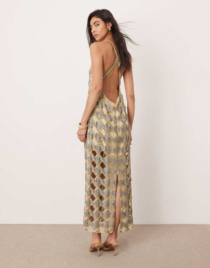 Embellished cutwork halterneck maxi dress in gold