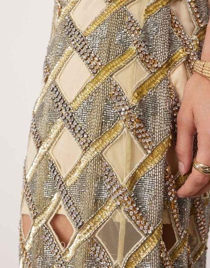 Embellished cutwork halterneck maxi dress in gold