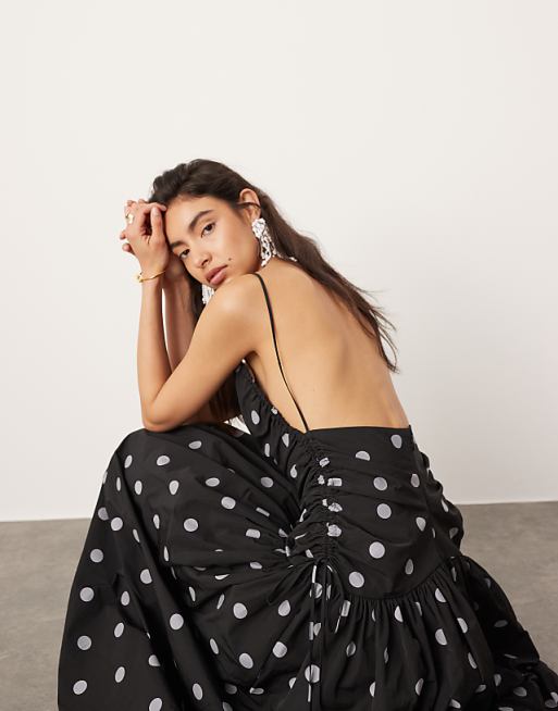 Drawstring detail midi dress with dropped waist in spot print