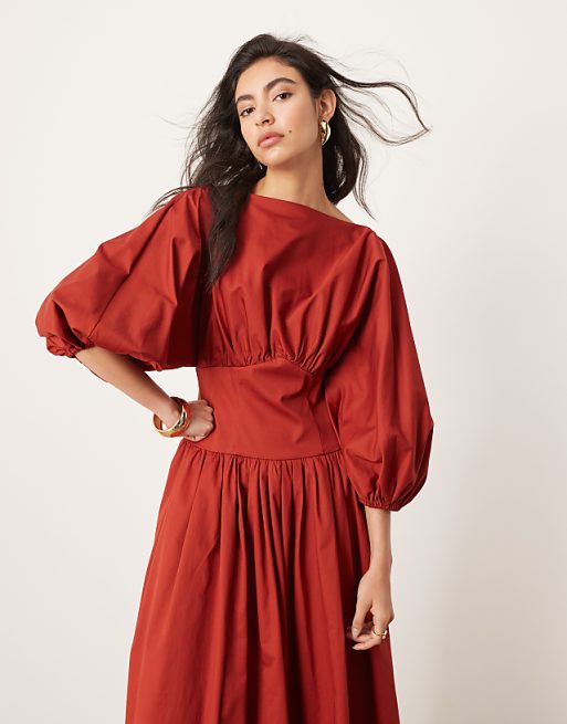 Cotton cinched waist midaxi dress with balloon sleeve in rust