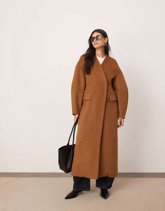 Wool mix cinched waist ovoid sleeve midi coat