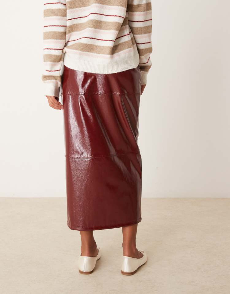 Zip front high shine leather look midi skirt in burgundy