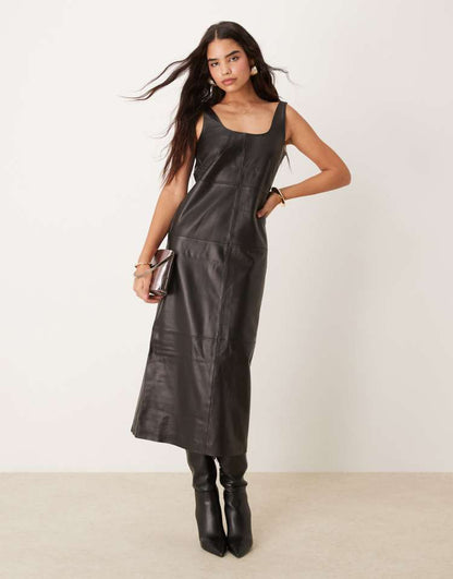 Soft leather scoop neck column maxi dress in black