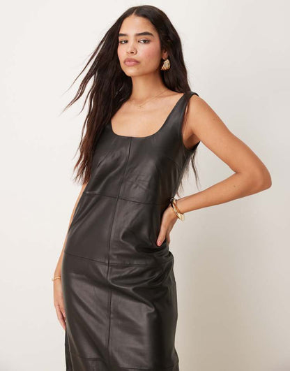 Soft leather scoop neck column maxi dress in black