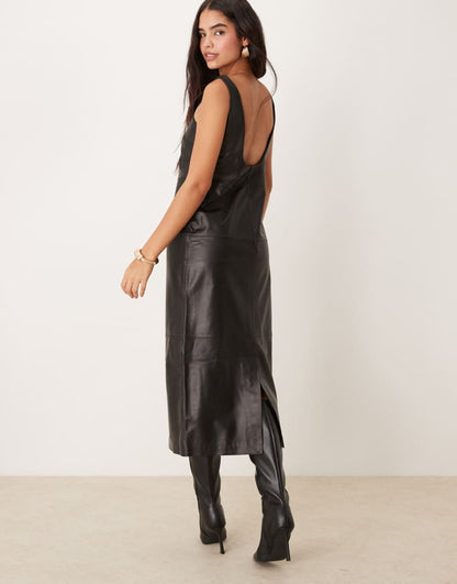 Soft leather scoop neck column maxi dress in black