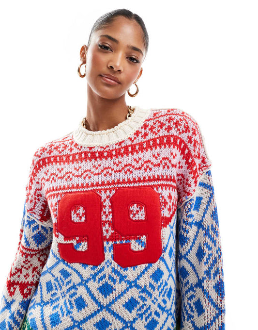 Oversized patchwork fairisle jumper in blue and red