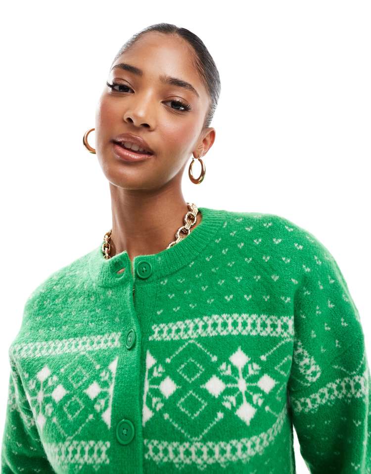 Crew neck cardigan with fairisle pattern in green and cream