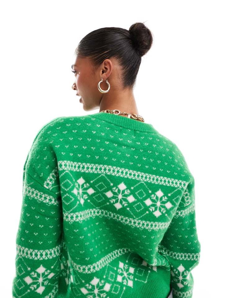 Crew neck cardigan with fairisle pattern in green and cream