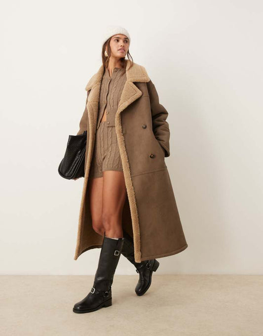 Longline bonded borg trench coat in vintage brown