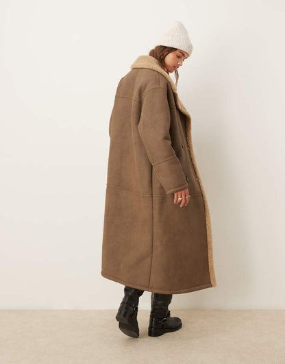 Longline bonded borg trench coat in vintage brown