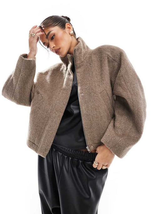 Brushed funnel neck bomber jacket with curve sleeve in mushroom