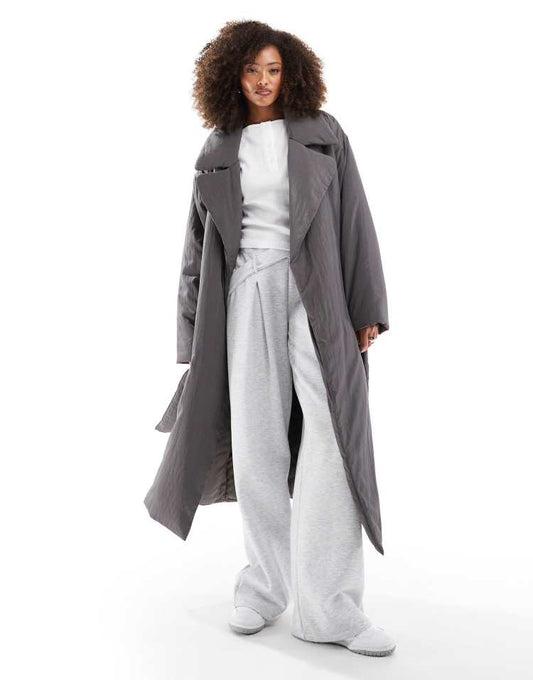 Clean longline puffer coat in charcoal