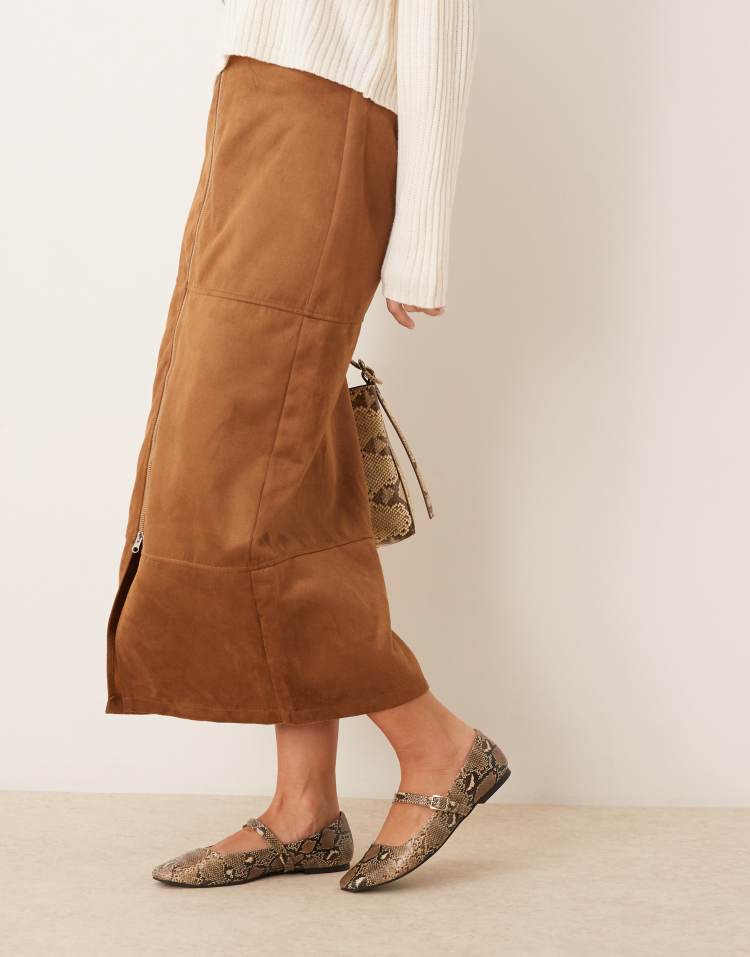 Zip detail suedette maxi skirt in brown