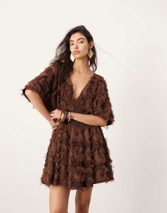 Textured cinched pleat waist mini dress in chocolate