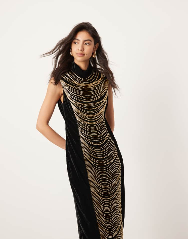 Velvet embellished contour draped fringe high neck midi dress in black