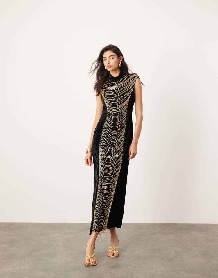 Velvet embellished contour draped fringe high neck midi dress in black