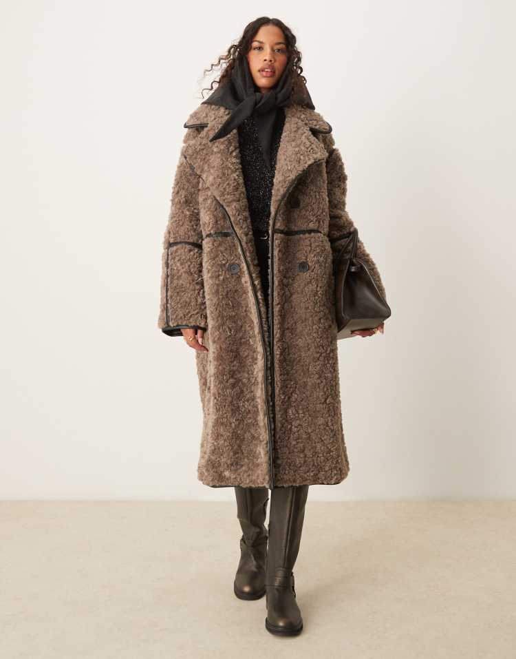 Curly borg longline coat in brown