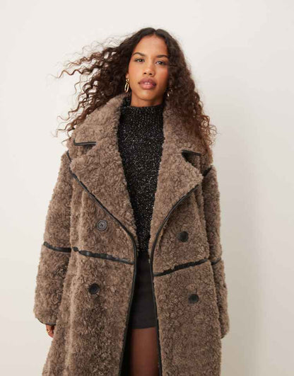 Curly borg longline coat in brown