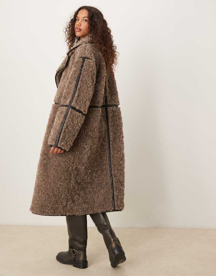 Curly borg longline coat in brown