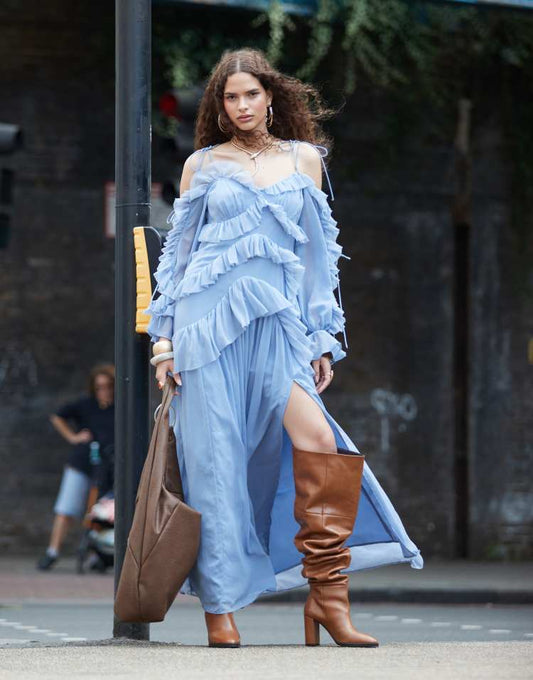 Ruffle off shoulder tiered maxi dress in mid blue