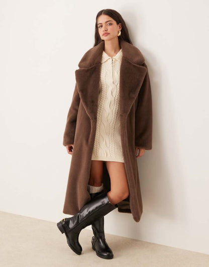 Longline chuck on faux fur coat in mocha