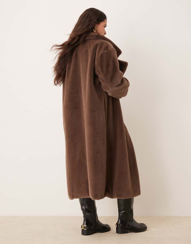 Longline chuck on faux fur coat in mocha