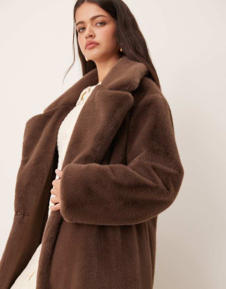 Longline chuck on faux fur coat in mocha