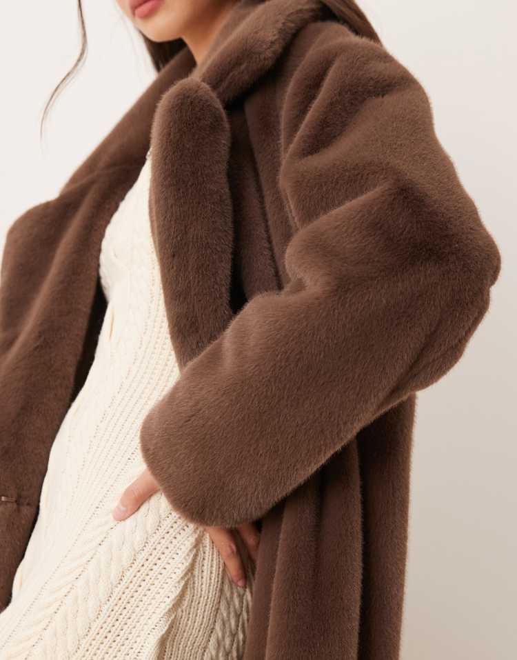 Longline chuck on faux fur coat in mocha