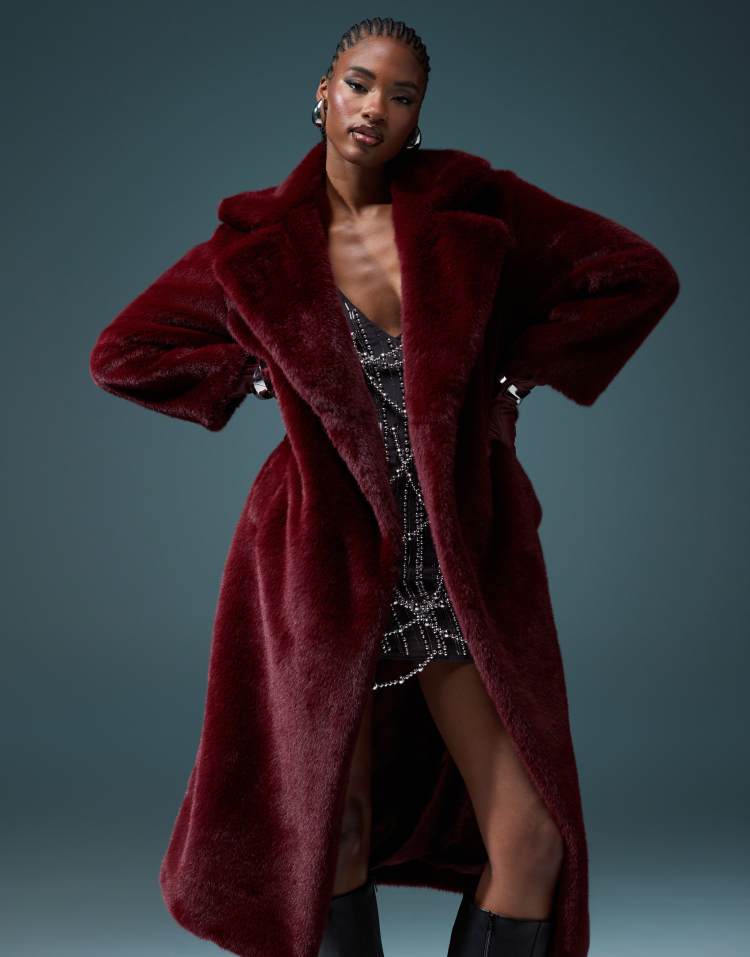 Longline belted faux fur coat in burgundy