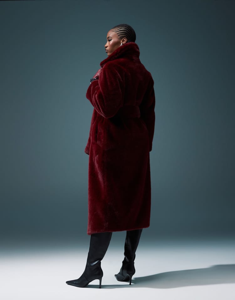 Longline belted faux fur coat in burgundy