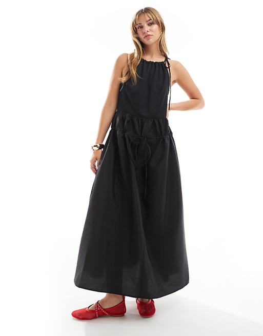 Hybrid jersey high neck maxi dress with tech midi skirt in black