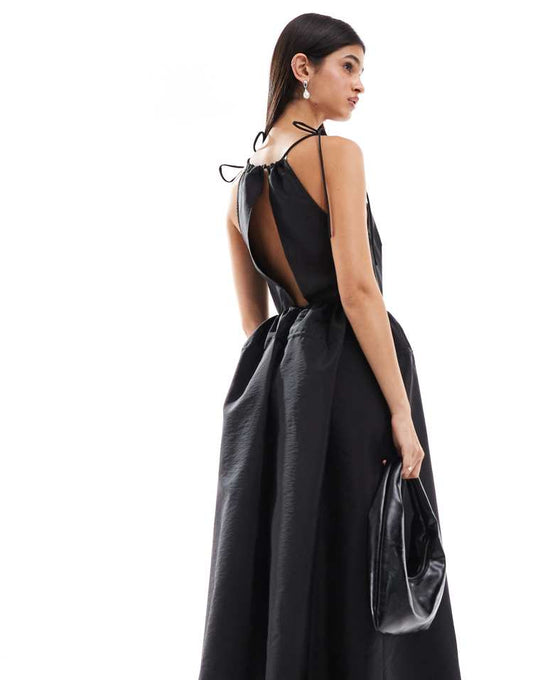 High neck maxi dress in tech fabric with cut out sides in black